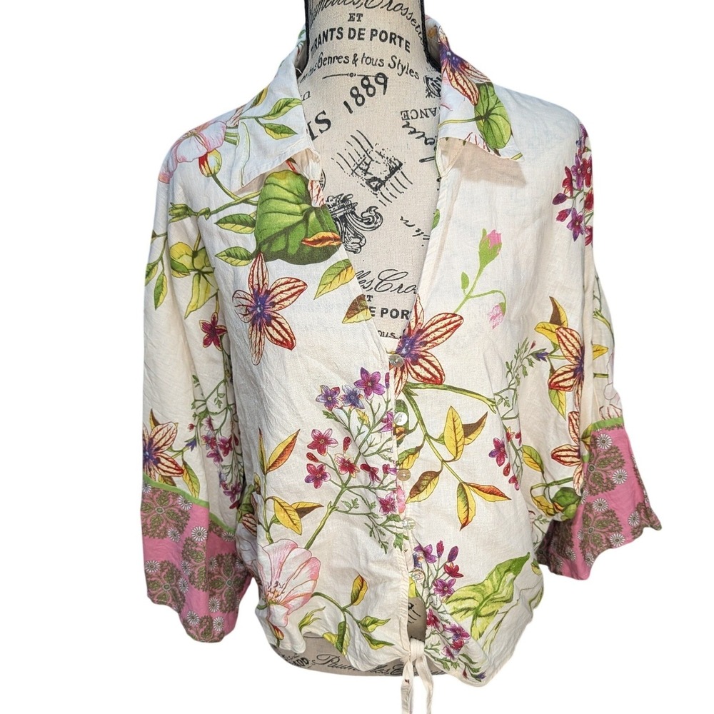 Christian Siriano Floral Linen Blend Tie Front Button Down‎ Shirt Cream Pink XL